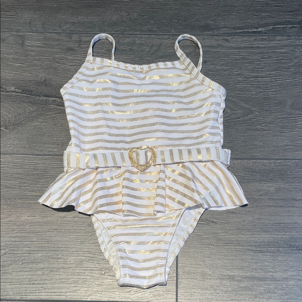 Striped Gold and White Swimsuit with Belt- Penelope Mack brand